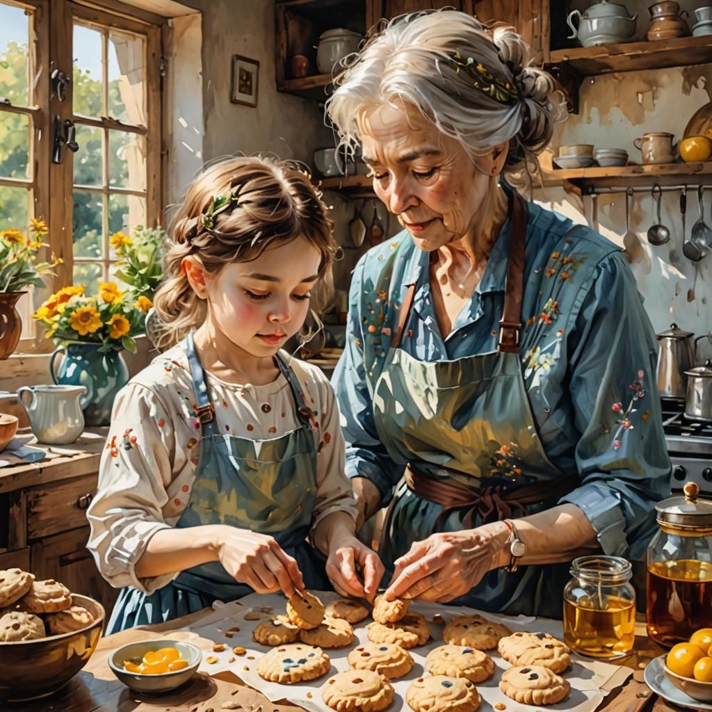 Heartwarming Oil Painting: Baking Cookies Together