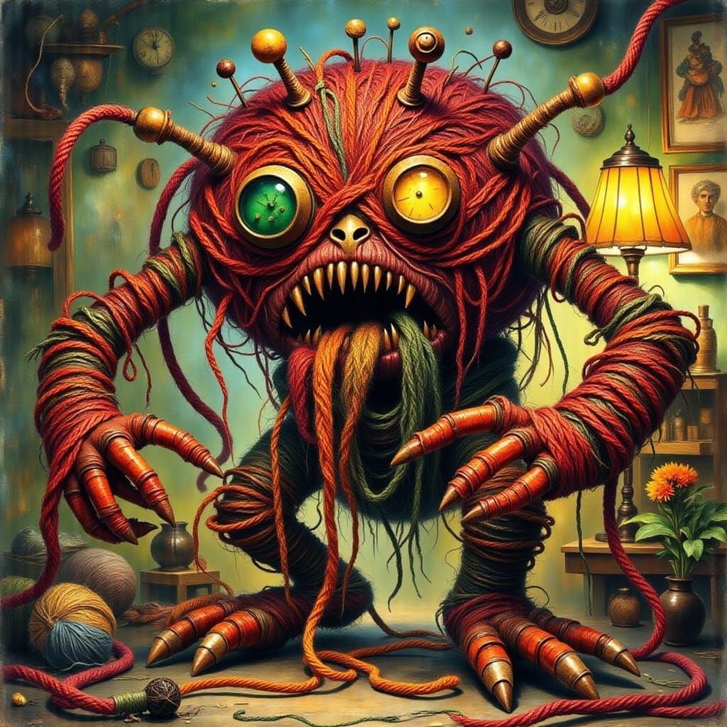 Surreal Yarn Creatures Amidst Rough Diamond Terrain