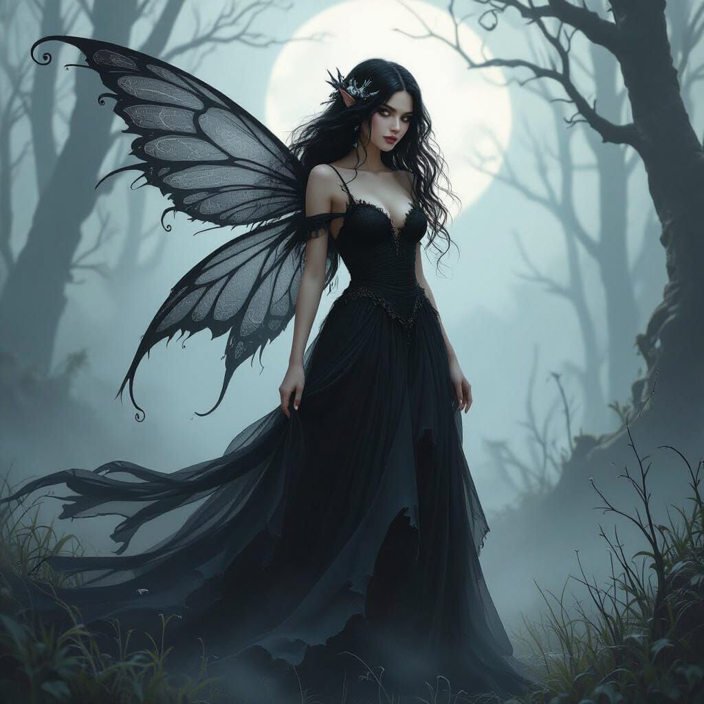 Gothic Raven-Haired Fairy in Misty Forest