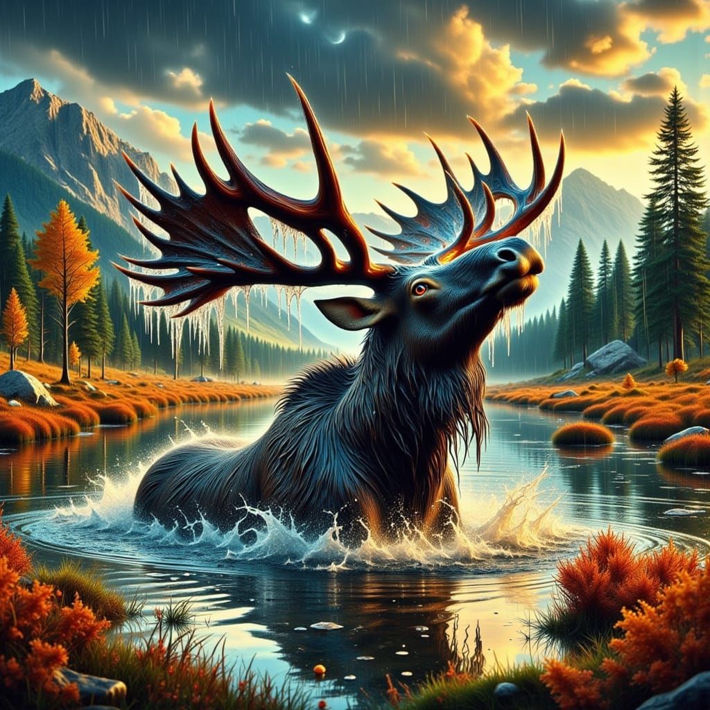 Majestic Moose in Autumn Rain Masterpiece Painting