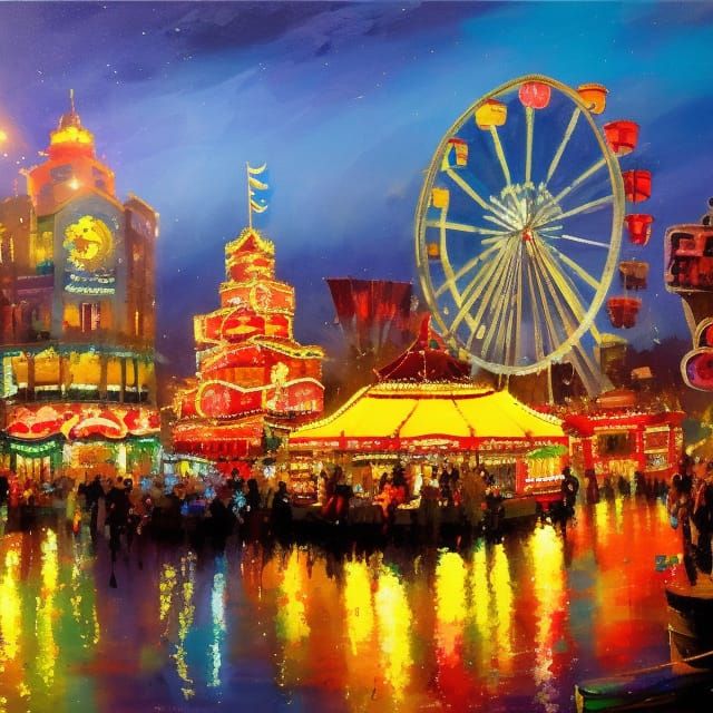Festive Fairground at Night with Bright Lights
