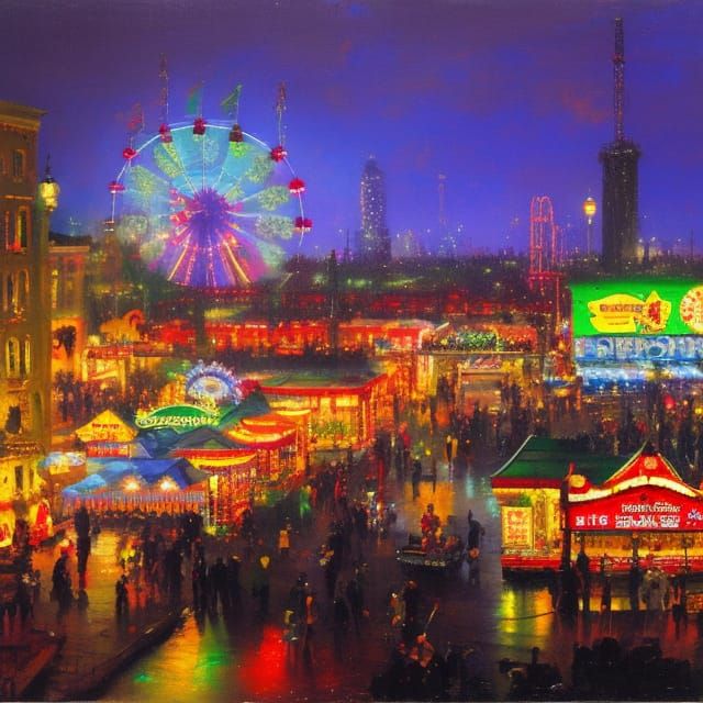 Festive Fairground at Night with Colorful Ferris Wheel