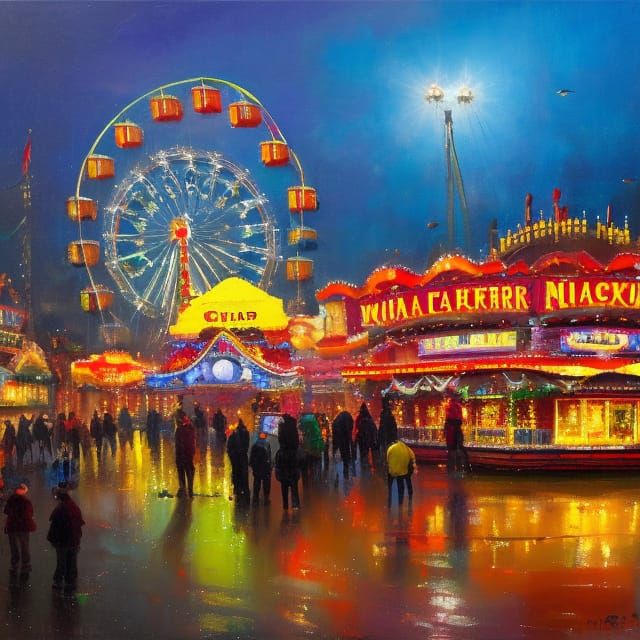 Festive Fairground at Night with City Lights