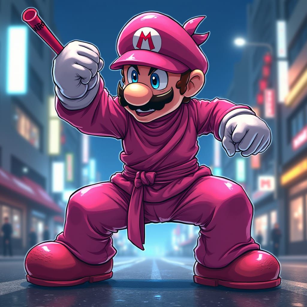 Vibrant Pink Ninja Poses in Tokyo Cityscape