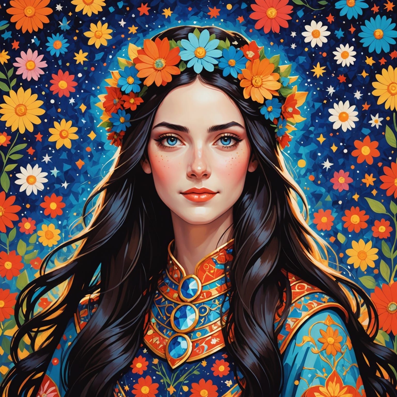 Fair-Skinned Heroine With Floral Headdress And Vibrant Makeu...