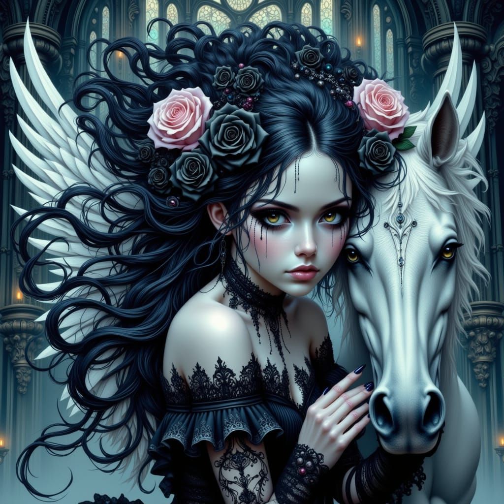 Gothic Lady Soars on a Majestic Flying Horse Through a Whims...