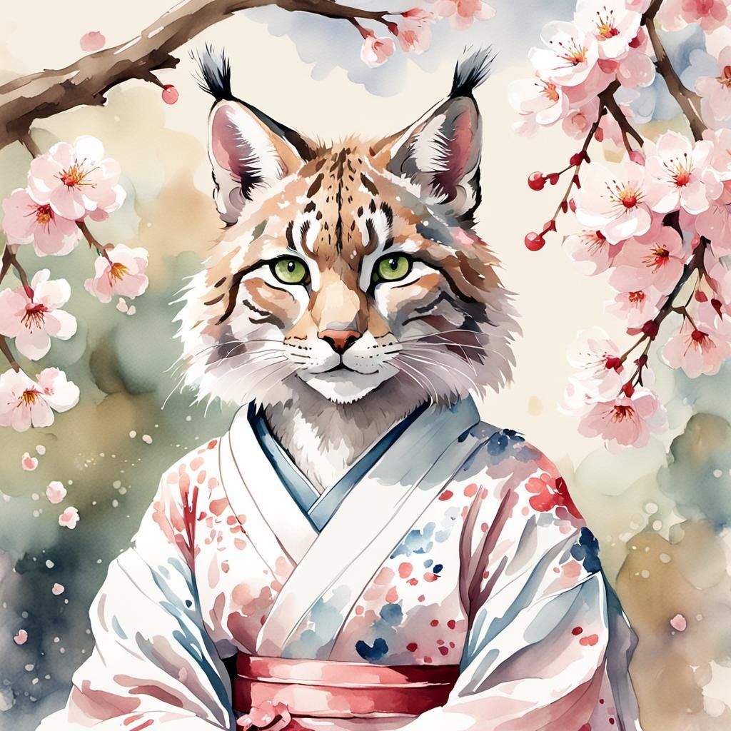 Lynx in Kimono: Digital Watercolor Painting