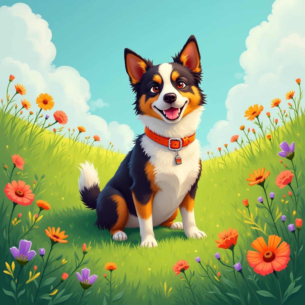 Dog on Grassy Hill in Digital Art Style