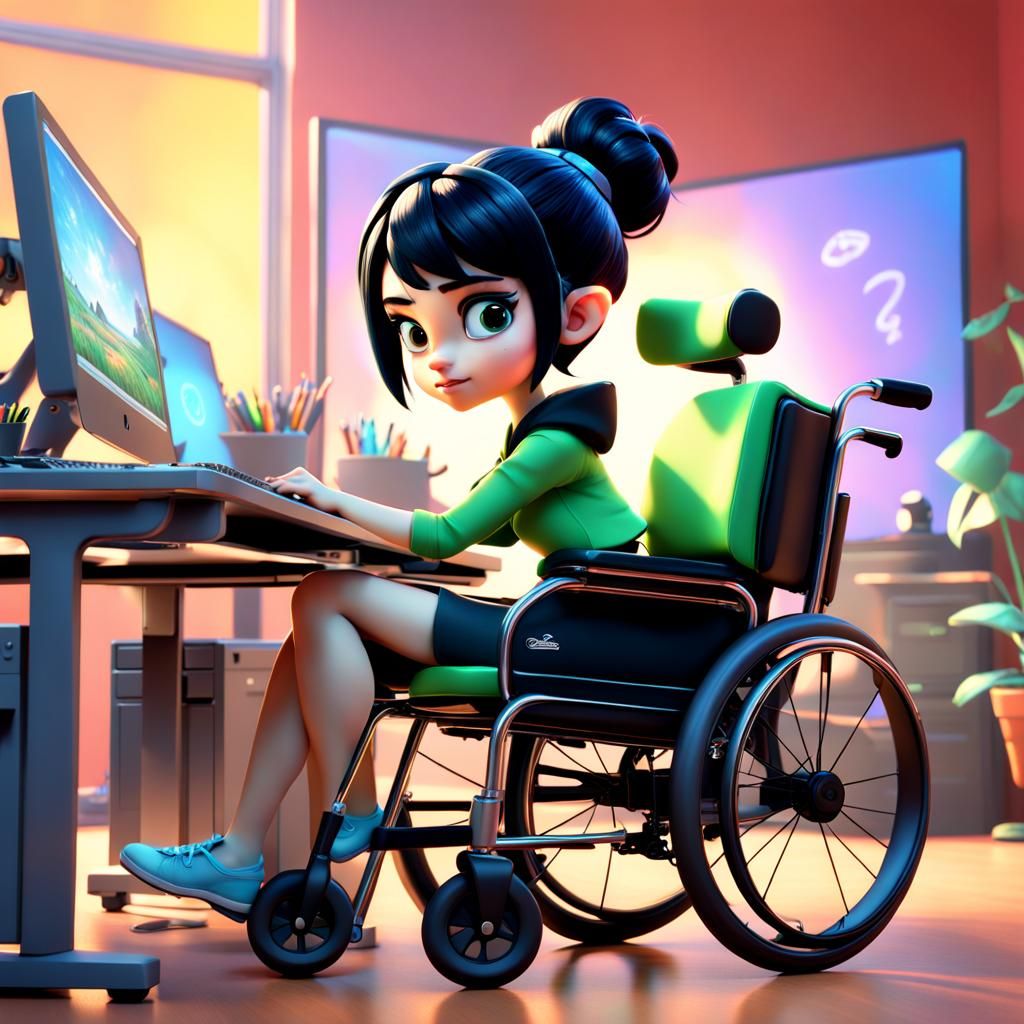 Pixar-Style Girl in Wheelchair at Computer