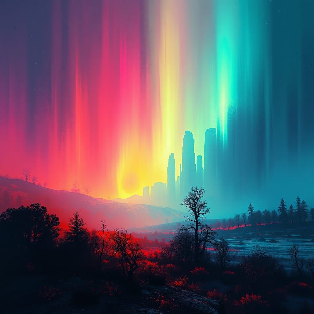 Mystical Realm: Abstract Landscapes with Aurora Borealis