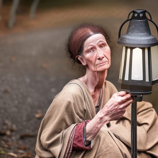middle aged Medieval female hermit in wheelchair holding a lantern.