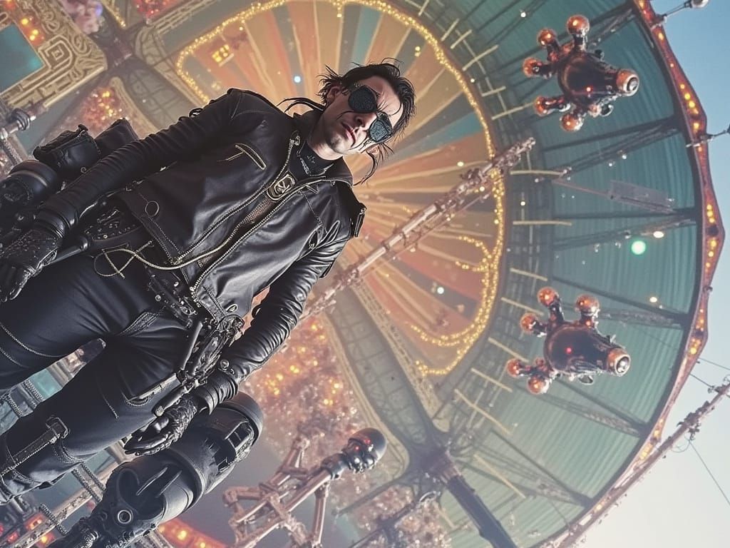 Glitched Man in Cybernetic Circus, Dark Futuristic Art