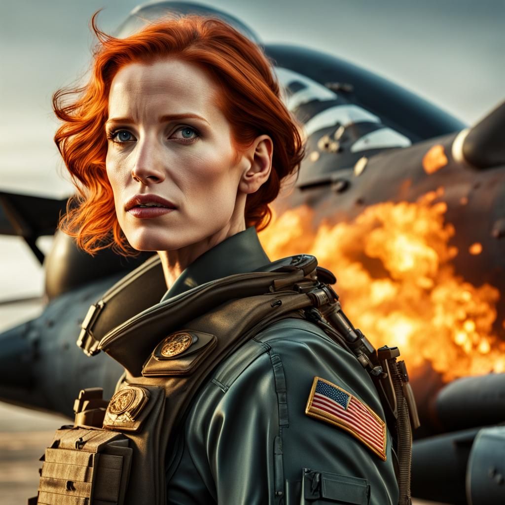 Jessica Chastain as Armored Jet Pilot in War Scene