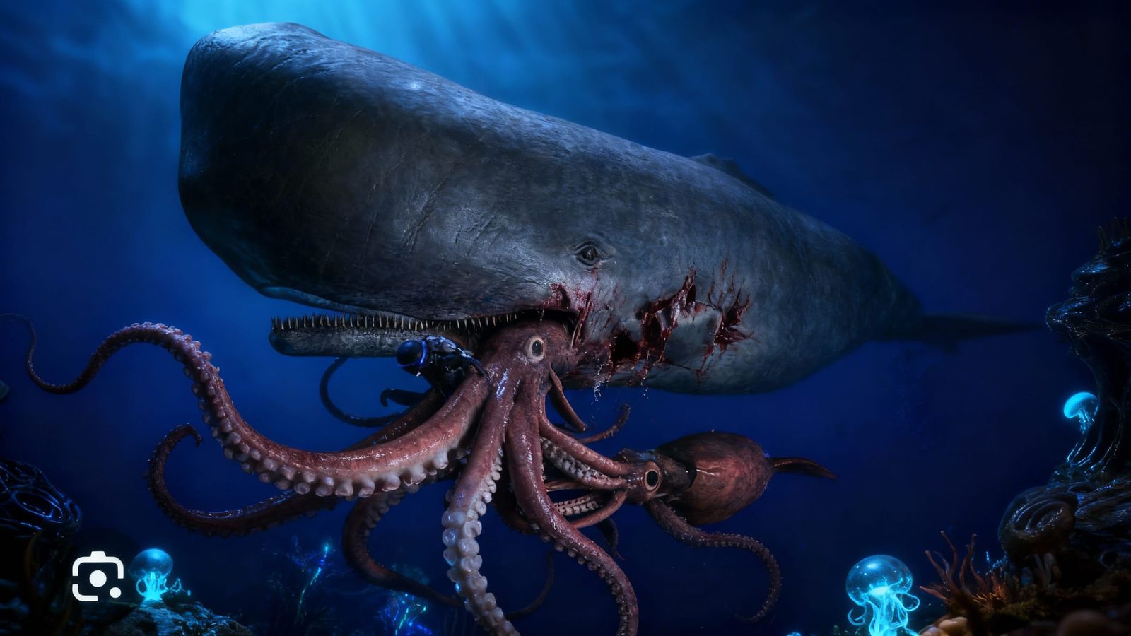 Whale Devours Colossal Squid in Hyperrealistic 3D Render