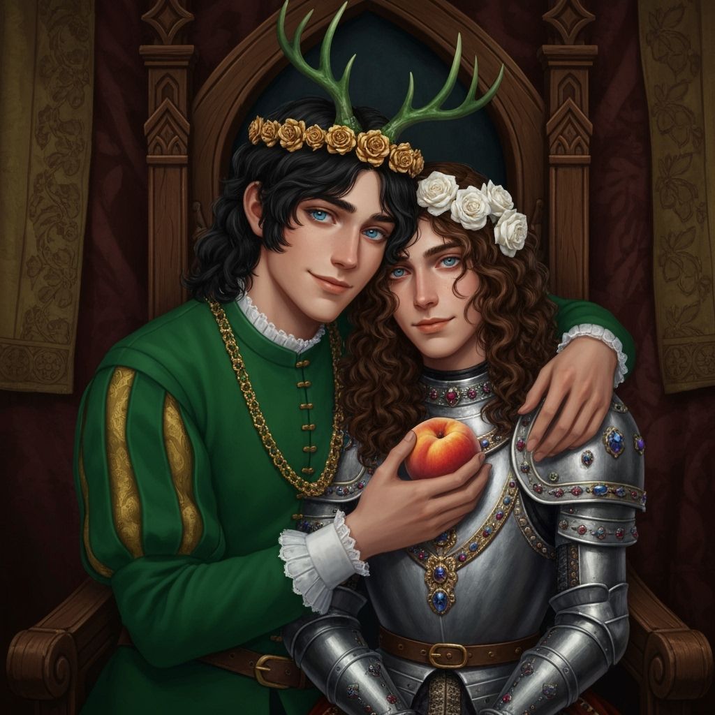 Young King with Roses and Stag Crown, Regal Knight on Throne