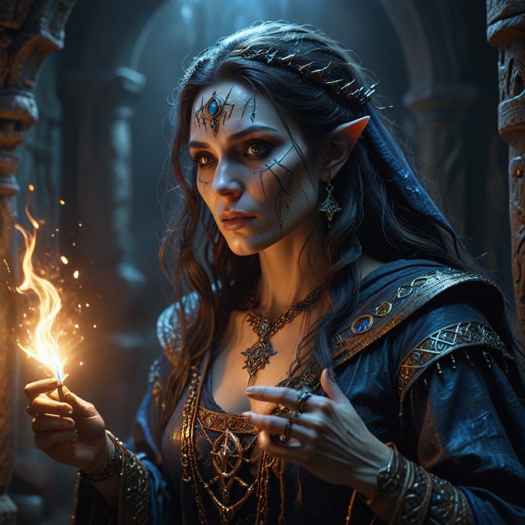 Mysterious Undead Sorceress Casting Spell, Medieval Painting