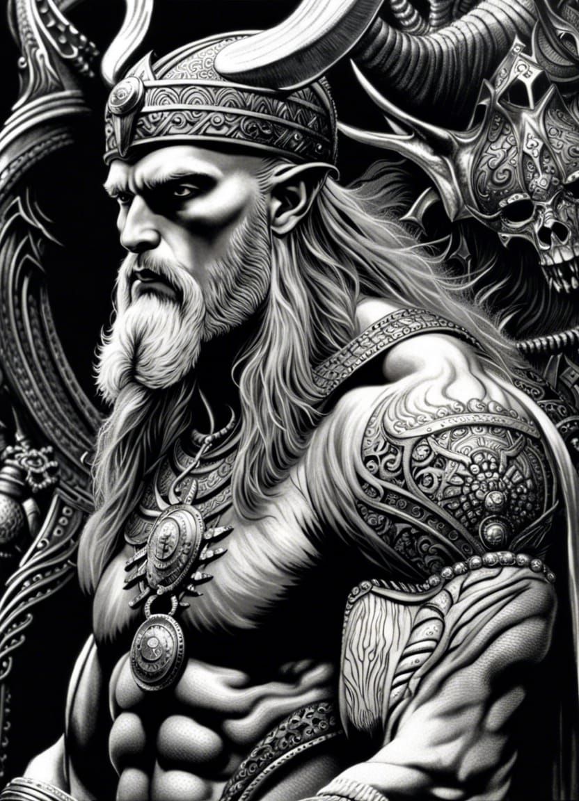 Tattooed Viking King in Detailed Black and White