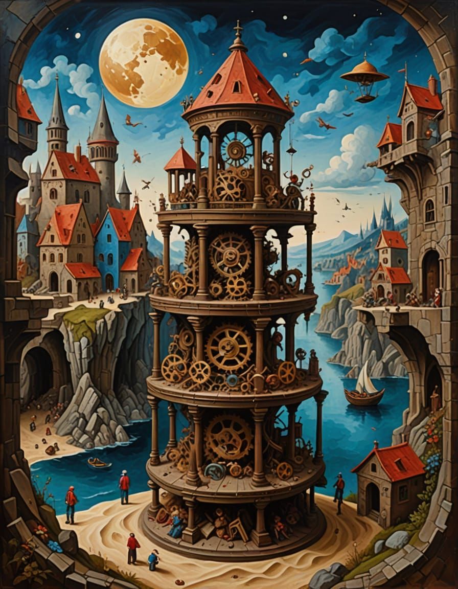Impossible Architecture and Gears in Surreal Landscape
