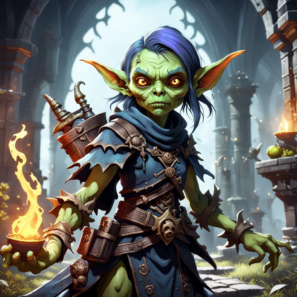 Female Goblin Necromancer in Detailed Matte Painting Style