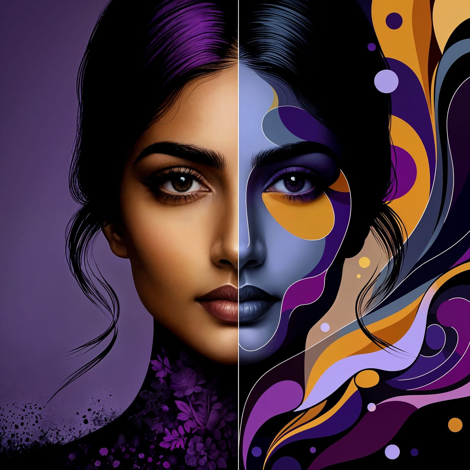 Elegant South Asian Woman in Contrasting Abstractions