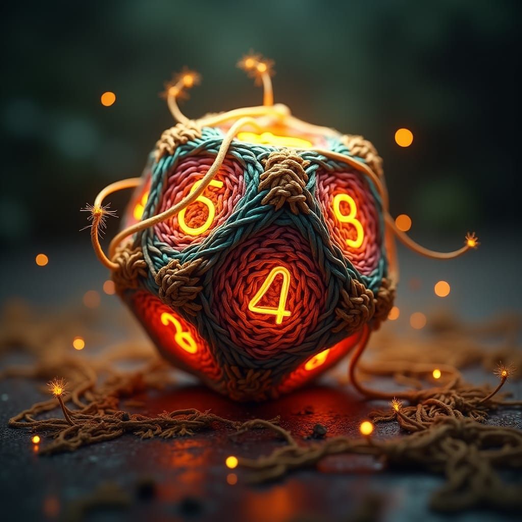 Yarn D20 Glowing Artifact in High-Fantasy Style