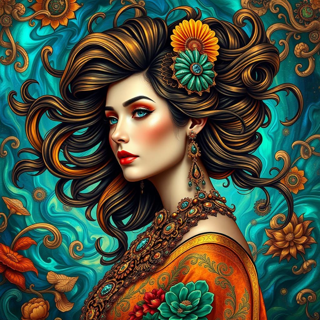 Elegant Woman in Swirling Art Nouveau Dreamscape