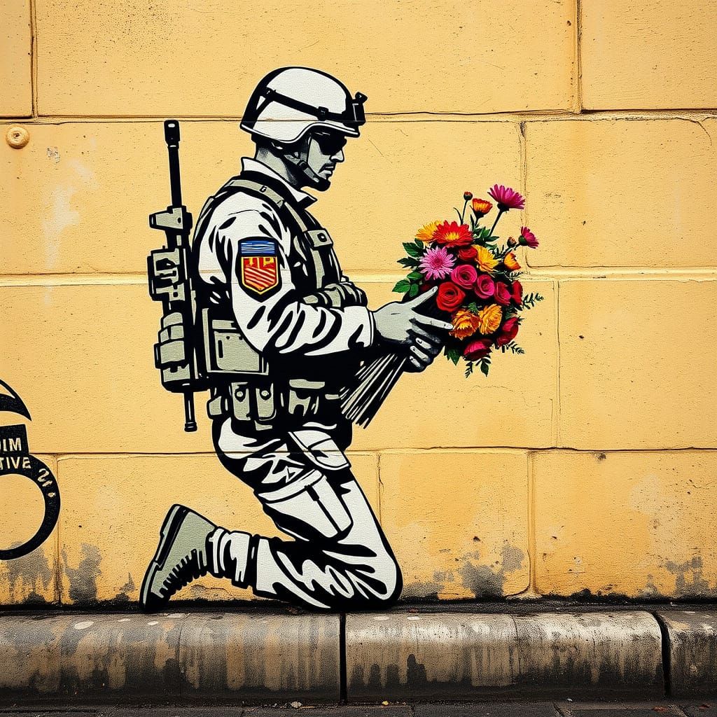Banksy Style Soldier with Flowers Street Art