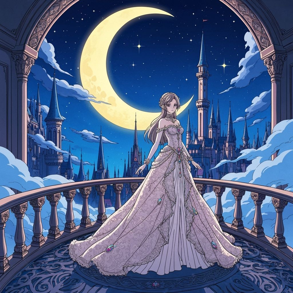Anime Princess Overlooking Mystical Castle in Cel-Shaded Sty...