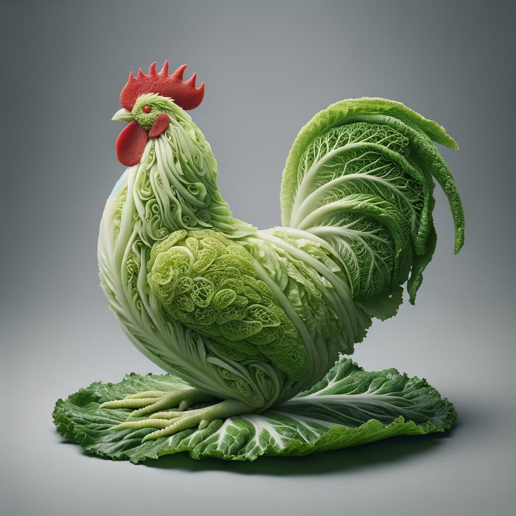 ooster made of Iceberg lettuce. The beak and comb are made o...