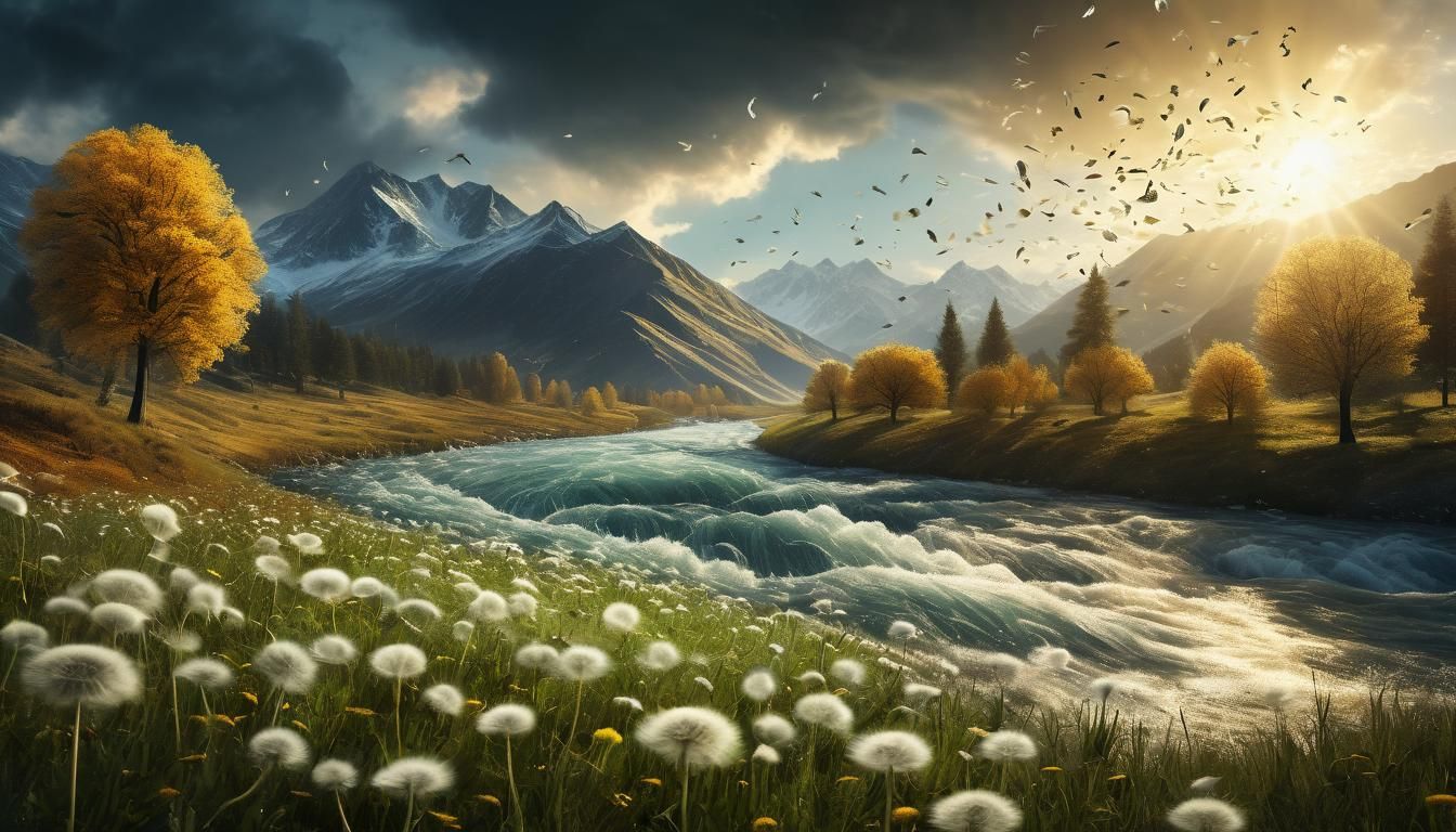 Stormy Autumn Landscape with Dandelion Petals