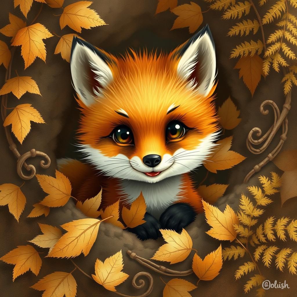 Adorable Fox Cub in Autumn Leaves Digital Art