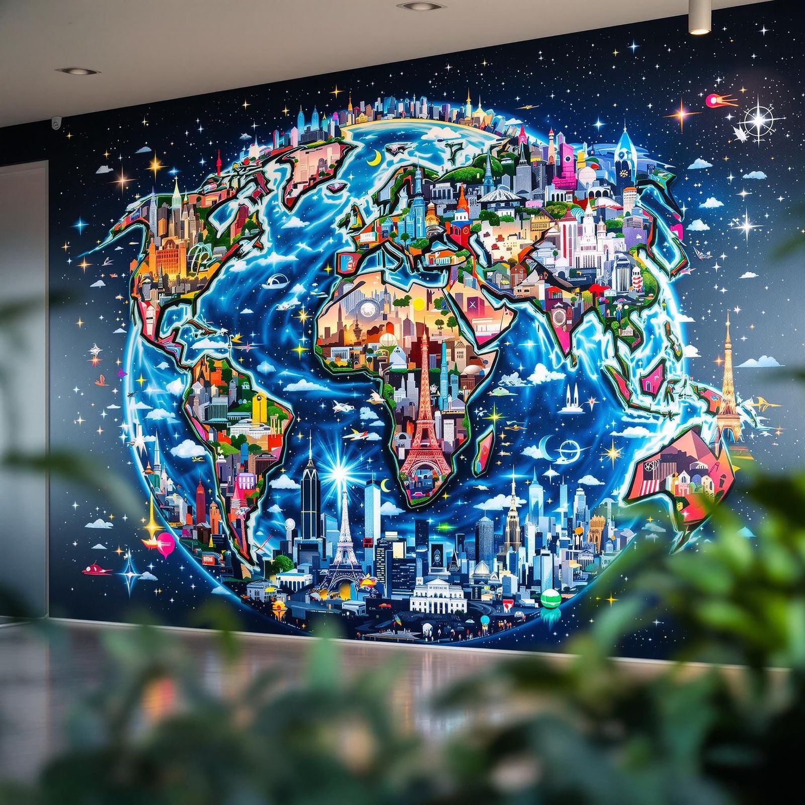 Earth Collage Mural Showcasing Iconic Cities