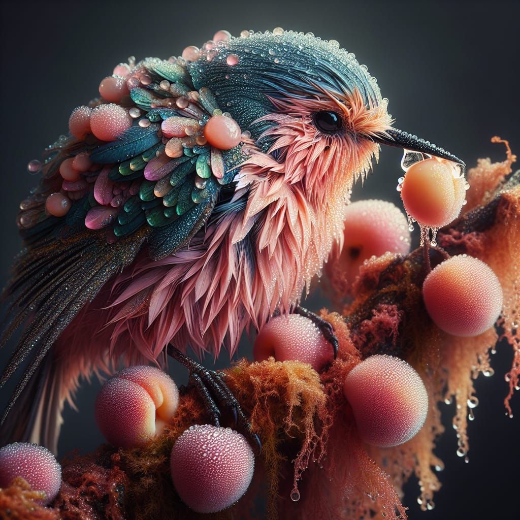 Dew-Kissed Bird Feasting on Peaches