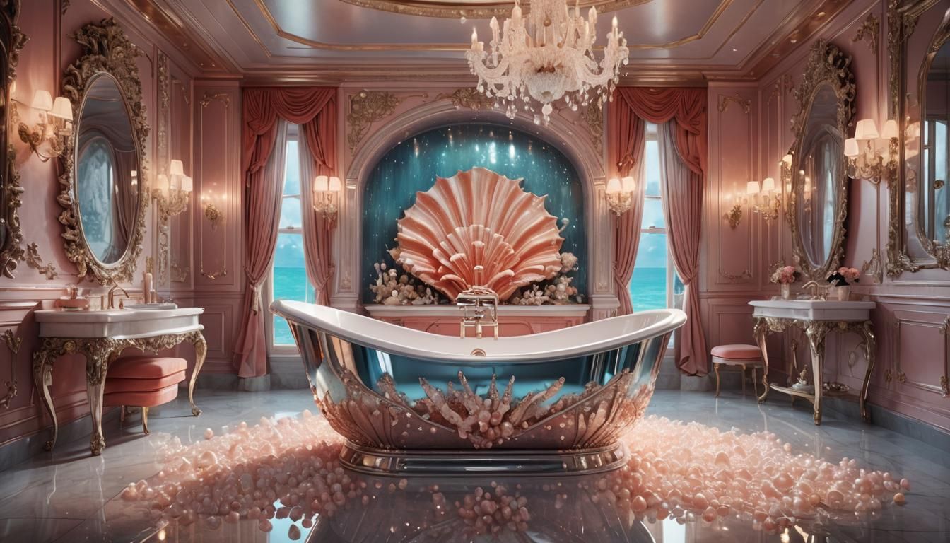 Luxurious Crystal and Coral Bathroom with Shell Bathtub