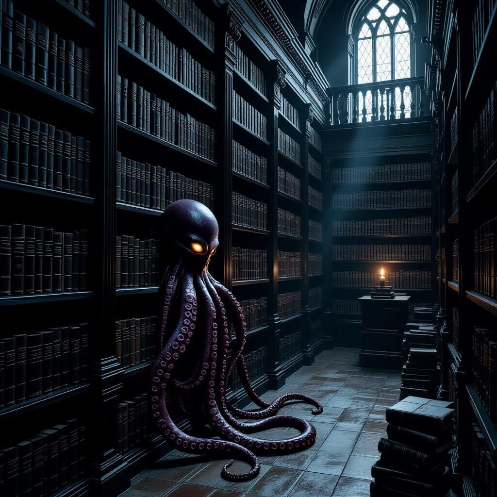 Eerie Library Tentacles Grip Book in Dark Realism Style