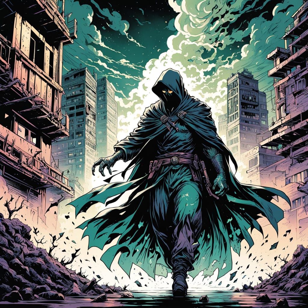 Cyberpunk Urban Hero Stands Tall Amidst Eldritch Chaos
