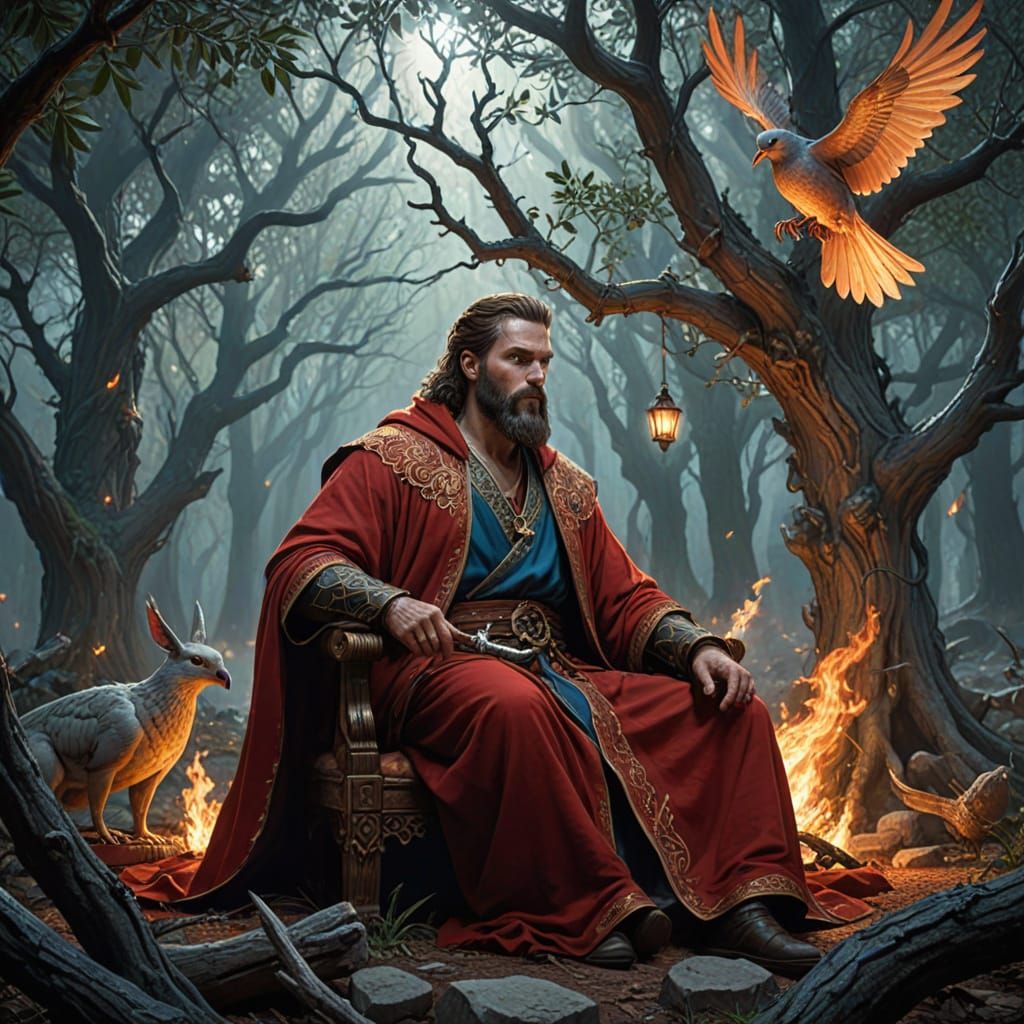 Man in Red Robe with Blue Fire Dove and Demon