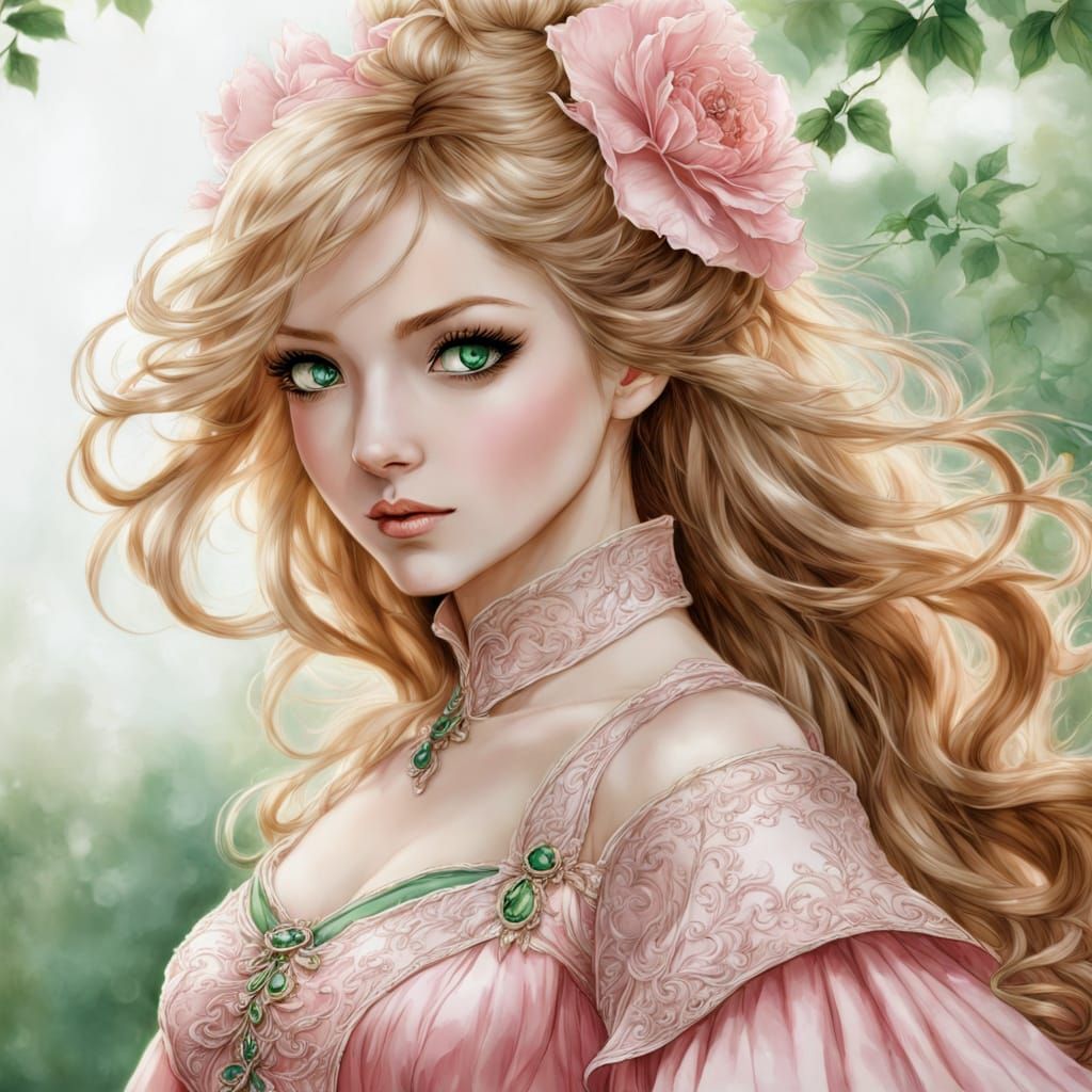 Red Haired Girl in Pink Gown, Arthur Rackham Style