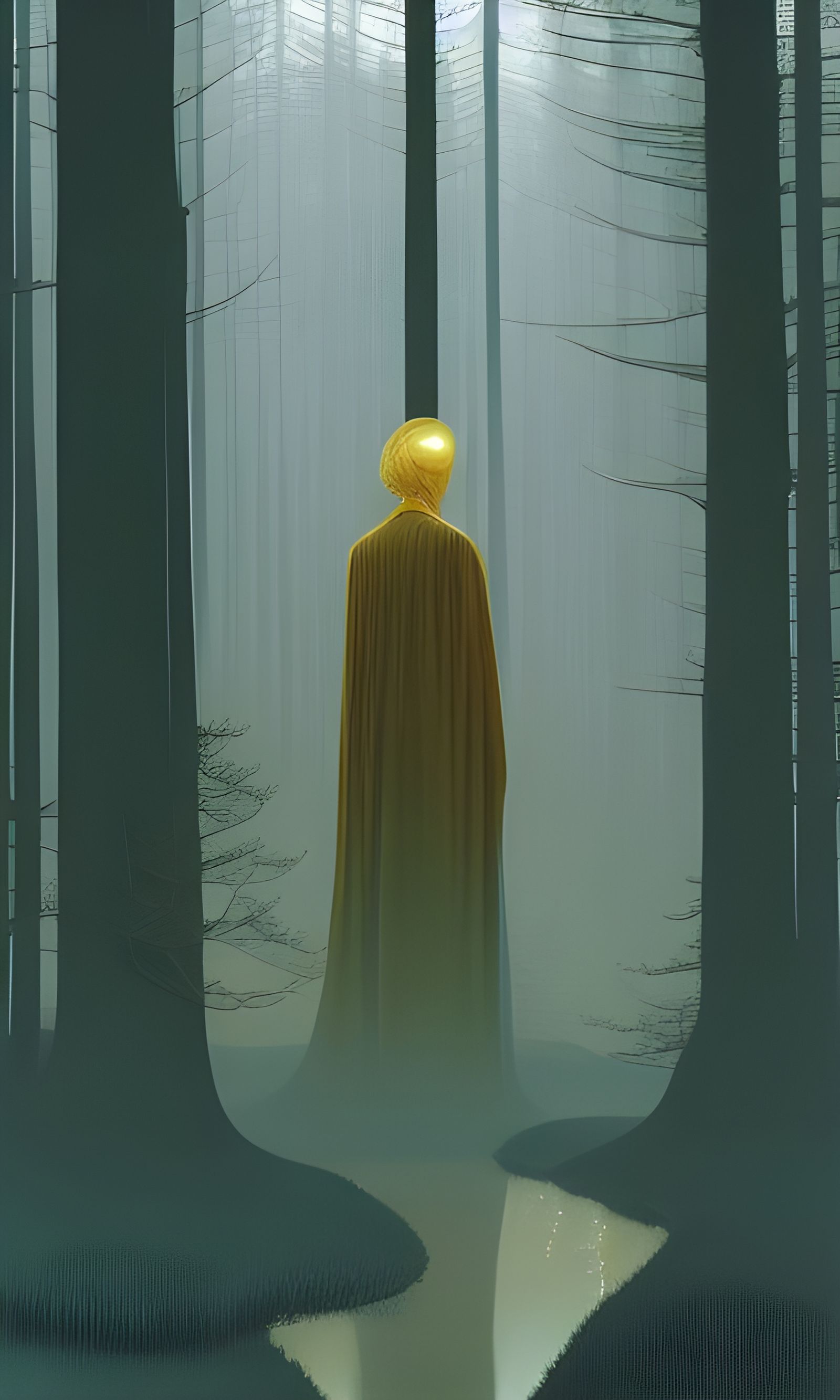 Golden Figure in Forest, Surreal Digital Illustration