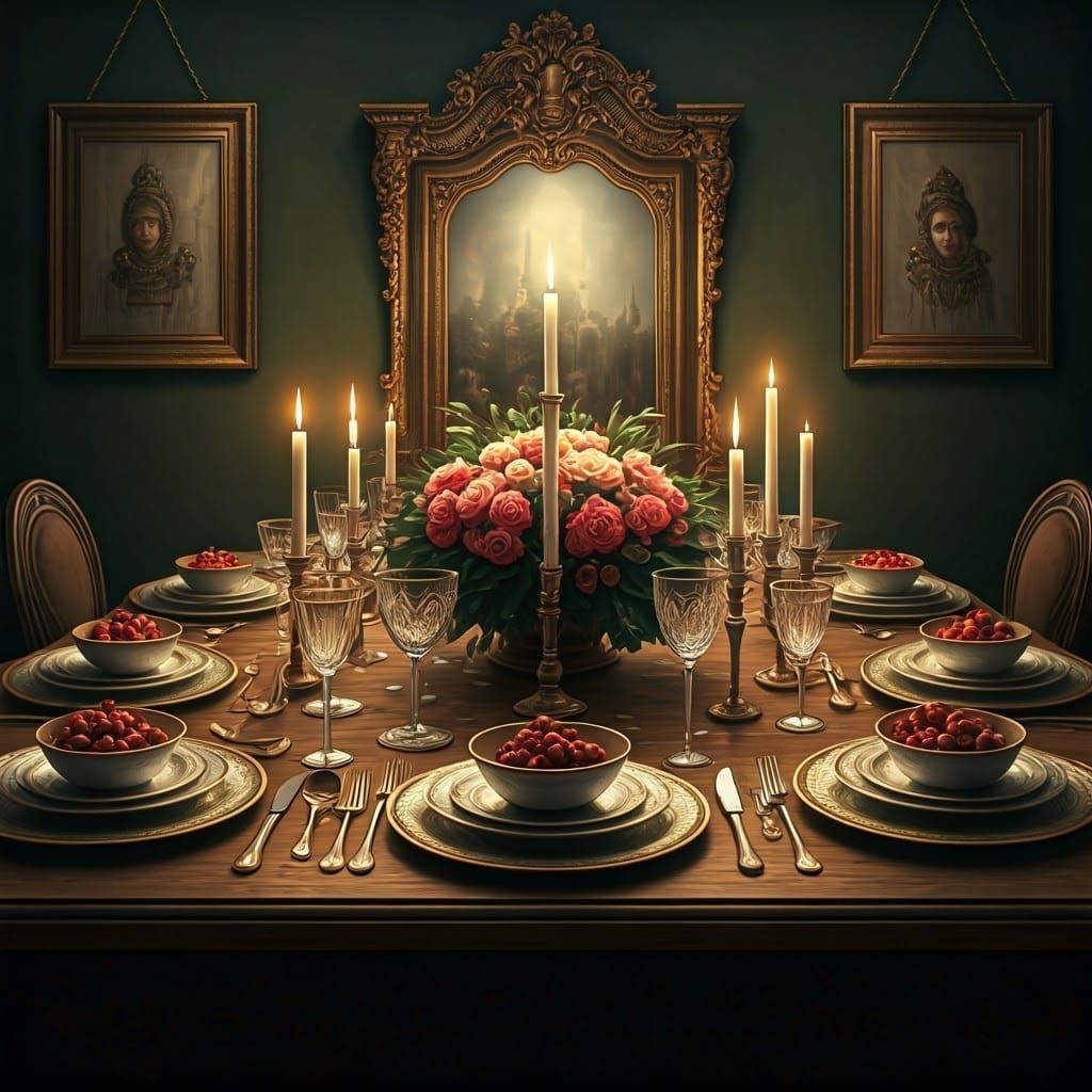 Festive Table Setting in Realistic Oil Painting Style