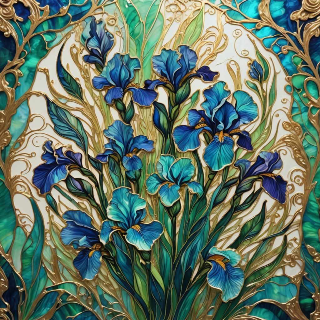 Bioluminescent Blue Iris with Gilded Swirls