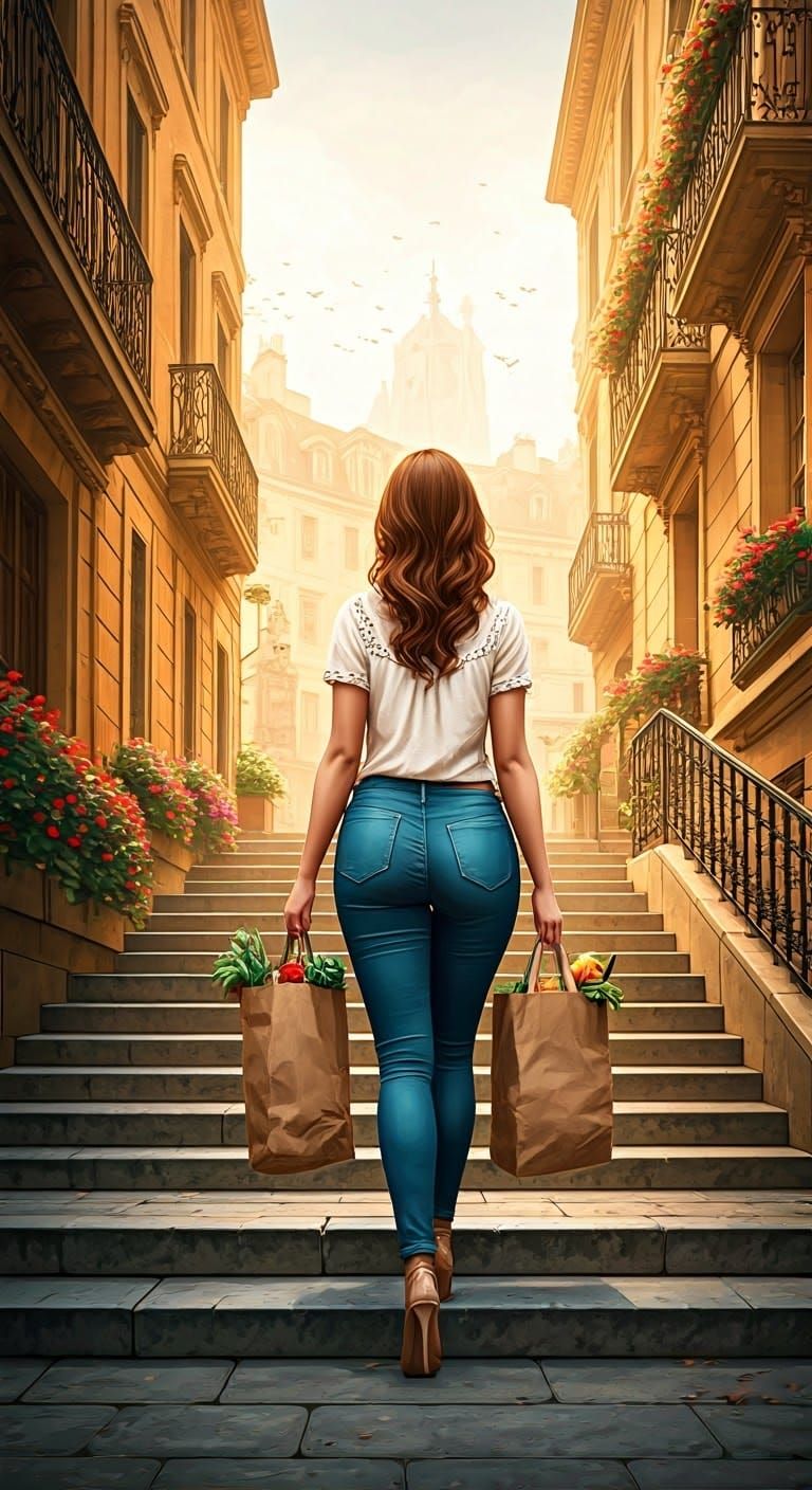 Curvy Woman Embarks on a Charming Grocery Run in Art Nouveau...