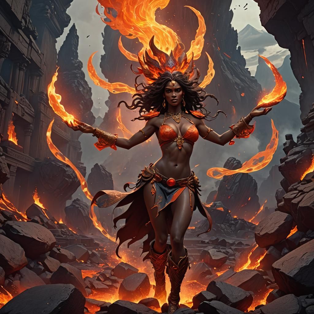 Genie Woman Dancing at Volcano: Dark Fantasy Art