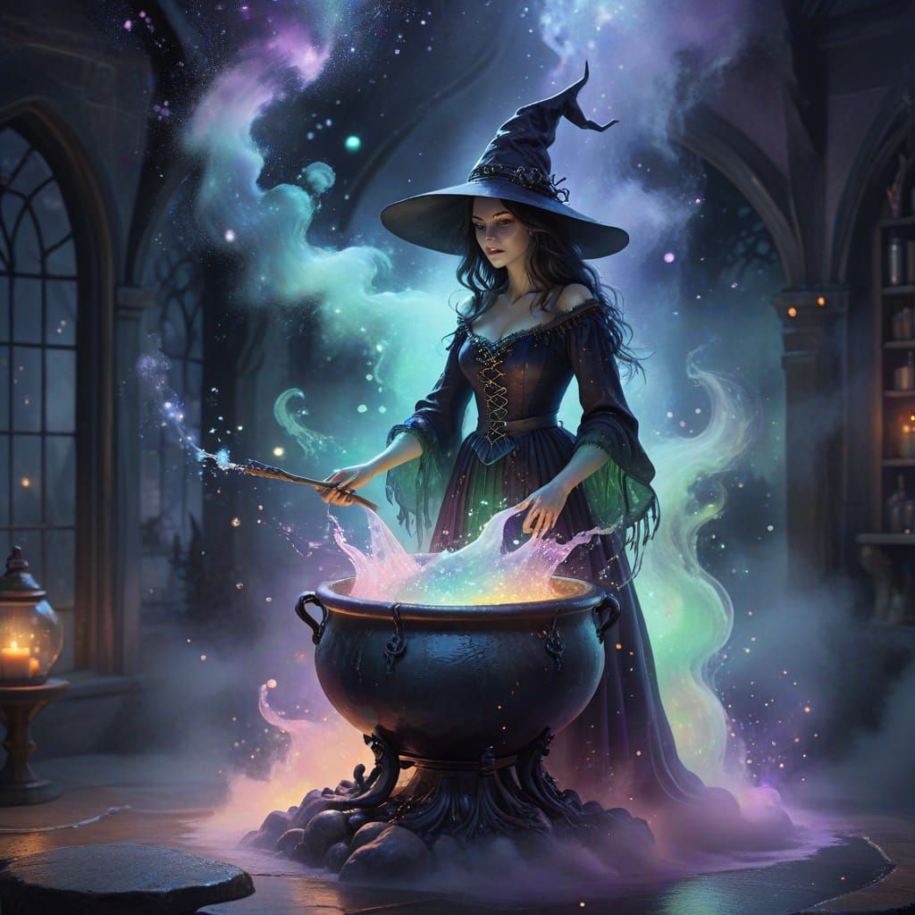 Dreamy Witch Brews Magic Potion in Watercolor Style