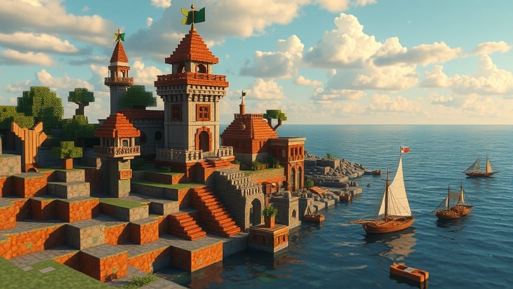 Minecraft Scene by the Sea in Neo-Impressionist Style