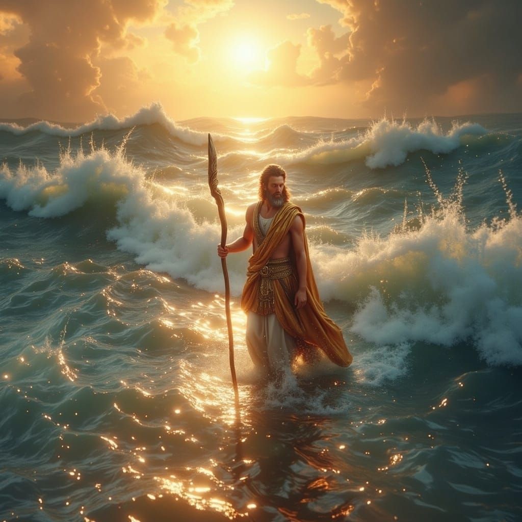 Moses Parting the Red Sea in Epic 3D Videogame Style