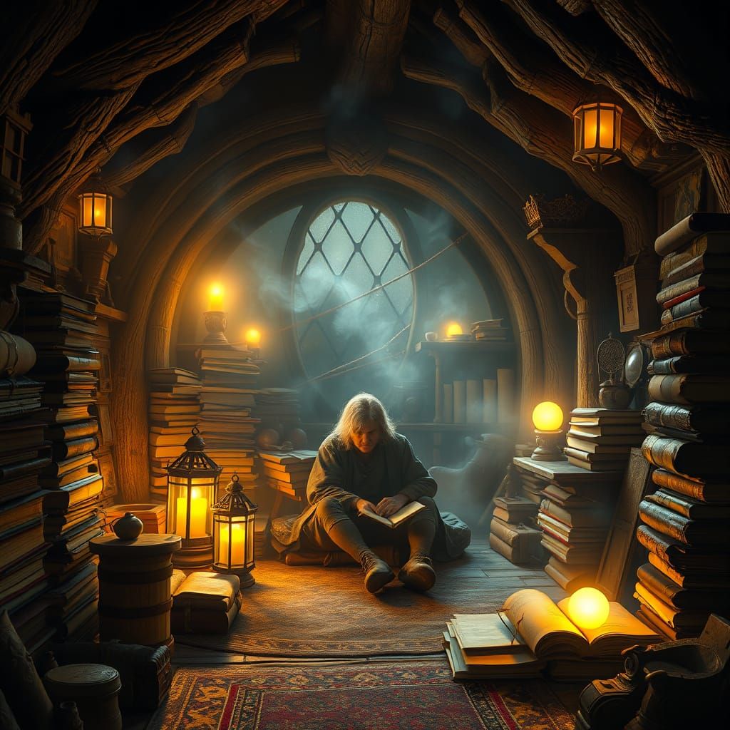 Cozy Hobbit Library in Whimsical Fantasy Style