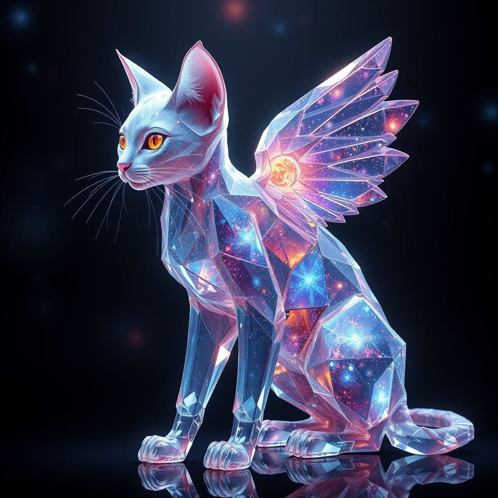 Celestial Feline Entity in Diamond Crystals with Stellar Win...