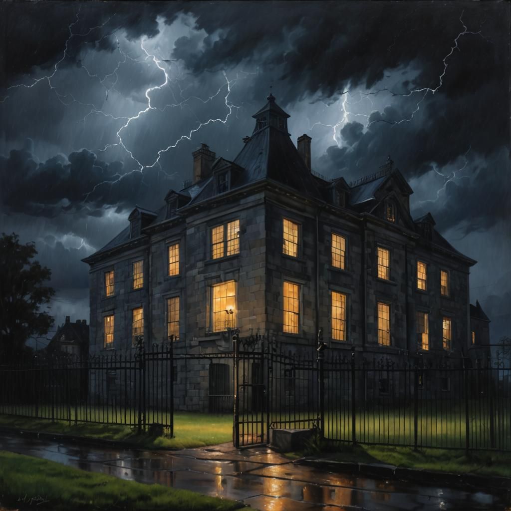 Ominous Asylum: Realistic Oil Painting at Night