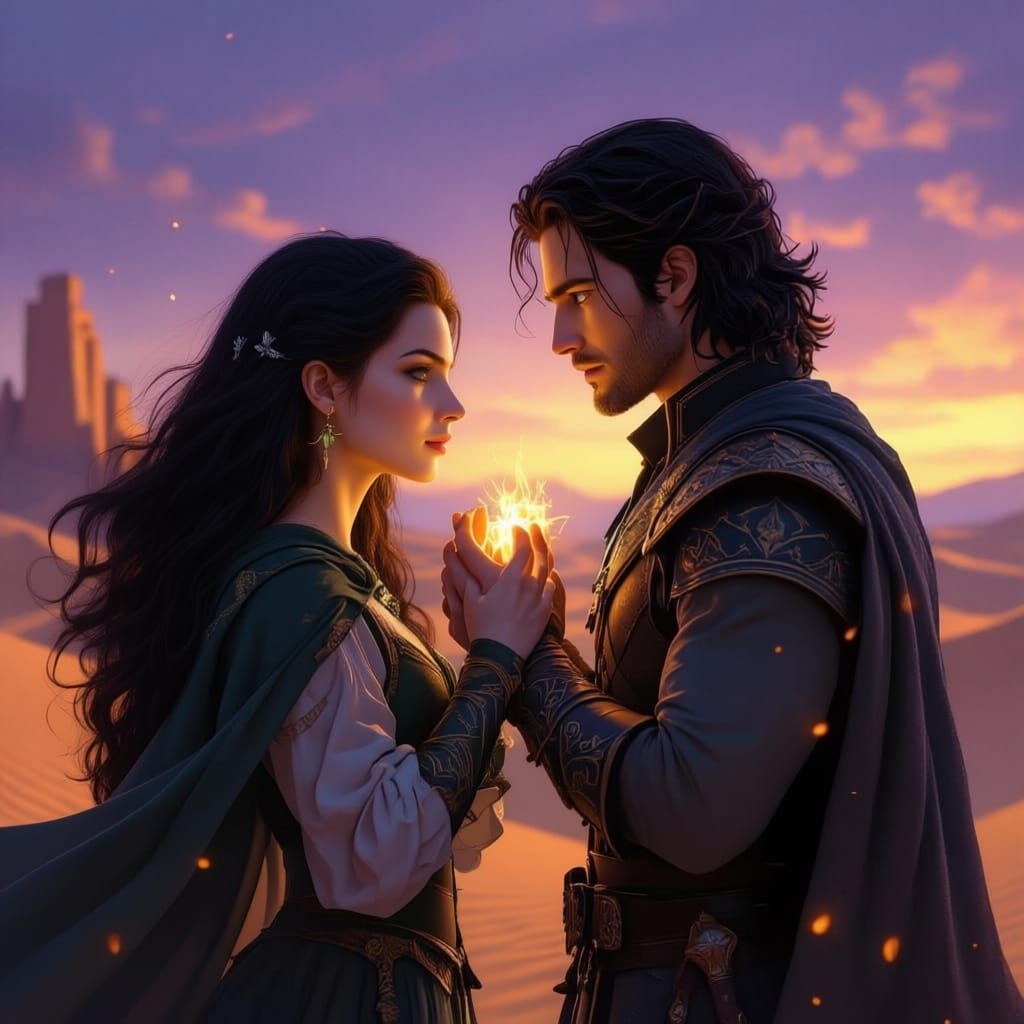 Witch and Prince Share Tender Moment in Desert Ruins